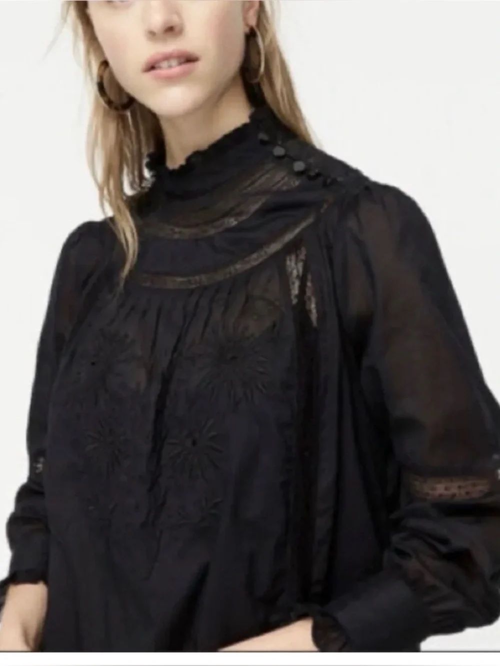 J.Crew Mock Neck Cotton Ruffle Lace Collar Embroider Dress in Black Size S~ NWT